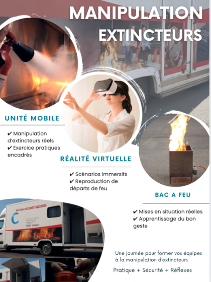 La formation à la manipulation des extincteurs peut se dérouler en unité mobile, sur un bac à feu ou en réalité virtuelle.